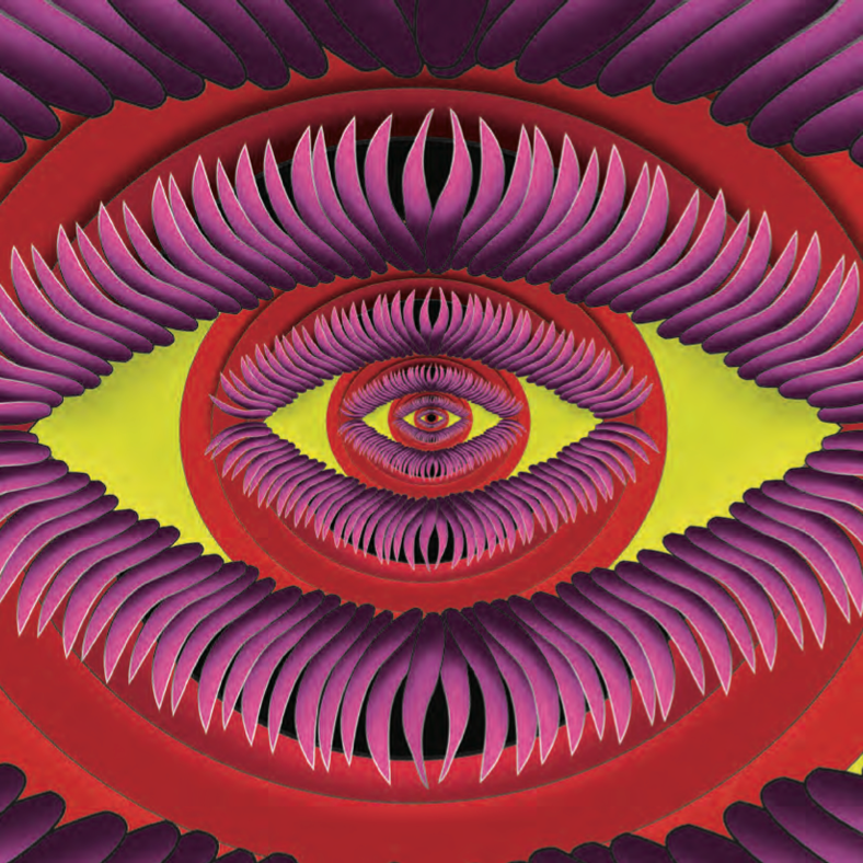 Multi-layered yellow eye with pinkish-purple eyelashes and red eyelids.