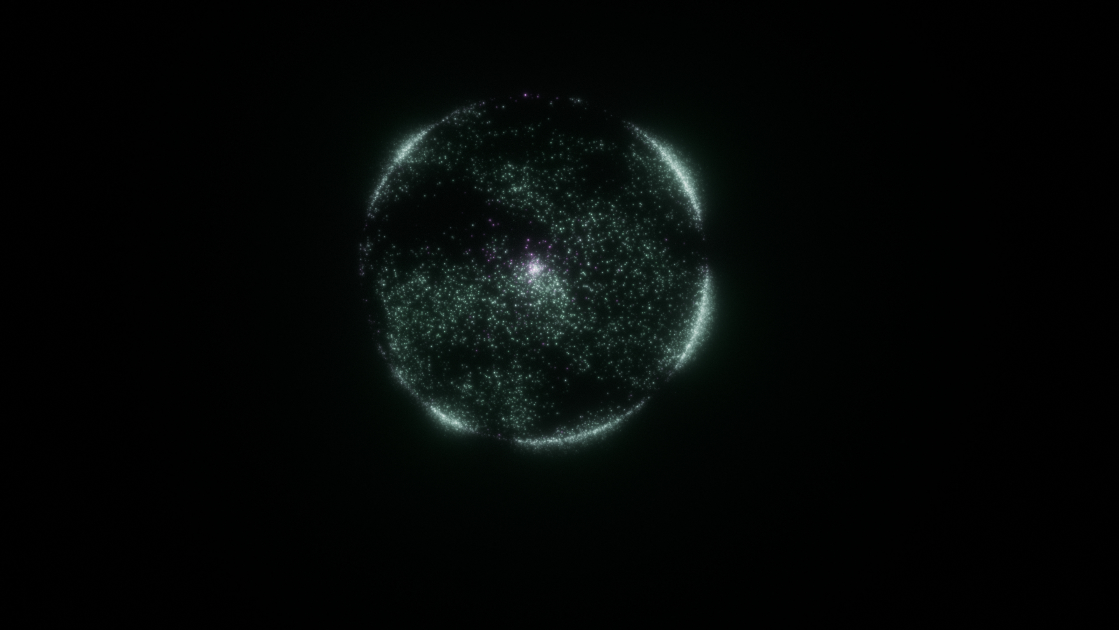 Sphere made from speckled green lights against a black background