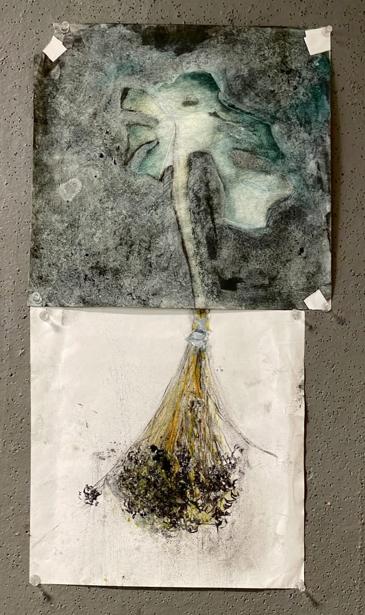 Two papers installed one over the other with a mixed media vegetal-looking work spanning over them.