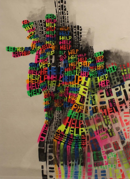 Multicolored amorphous shape made from the repeated word "help"