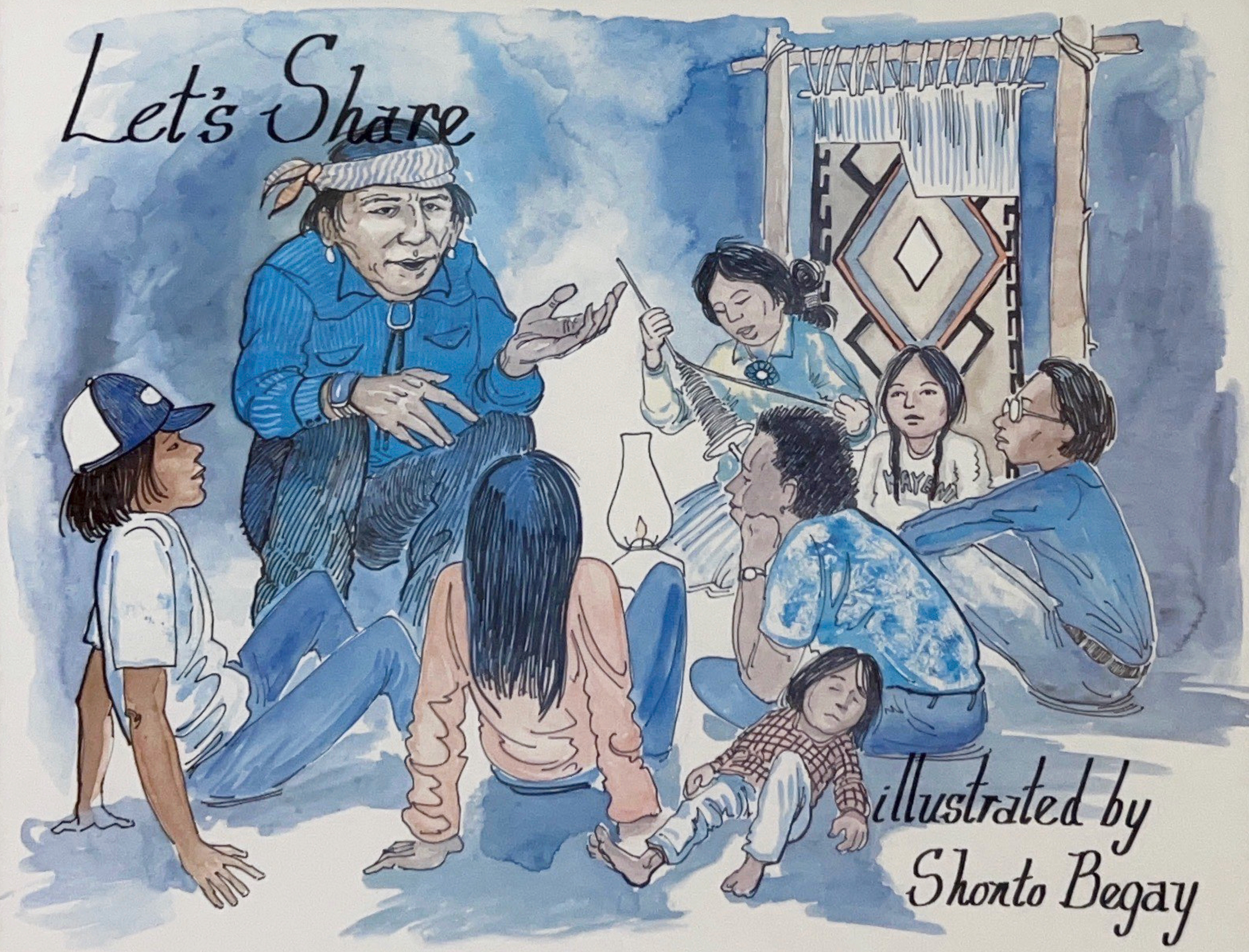 Colorful illustration of a group of Dineh (Navajo) children sitting and listening to a man speak with a woman weaving in the background