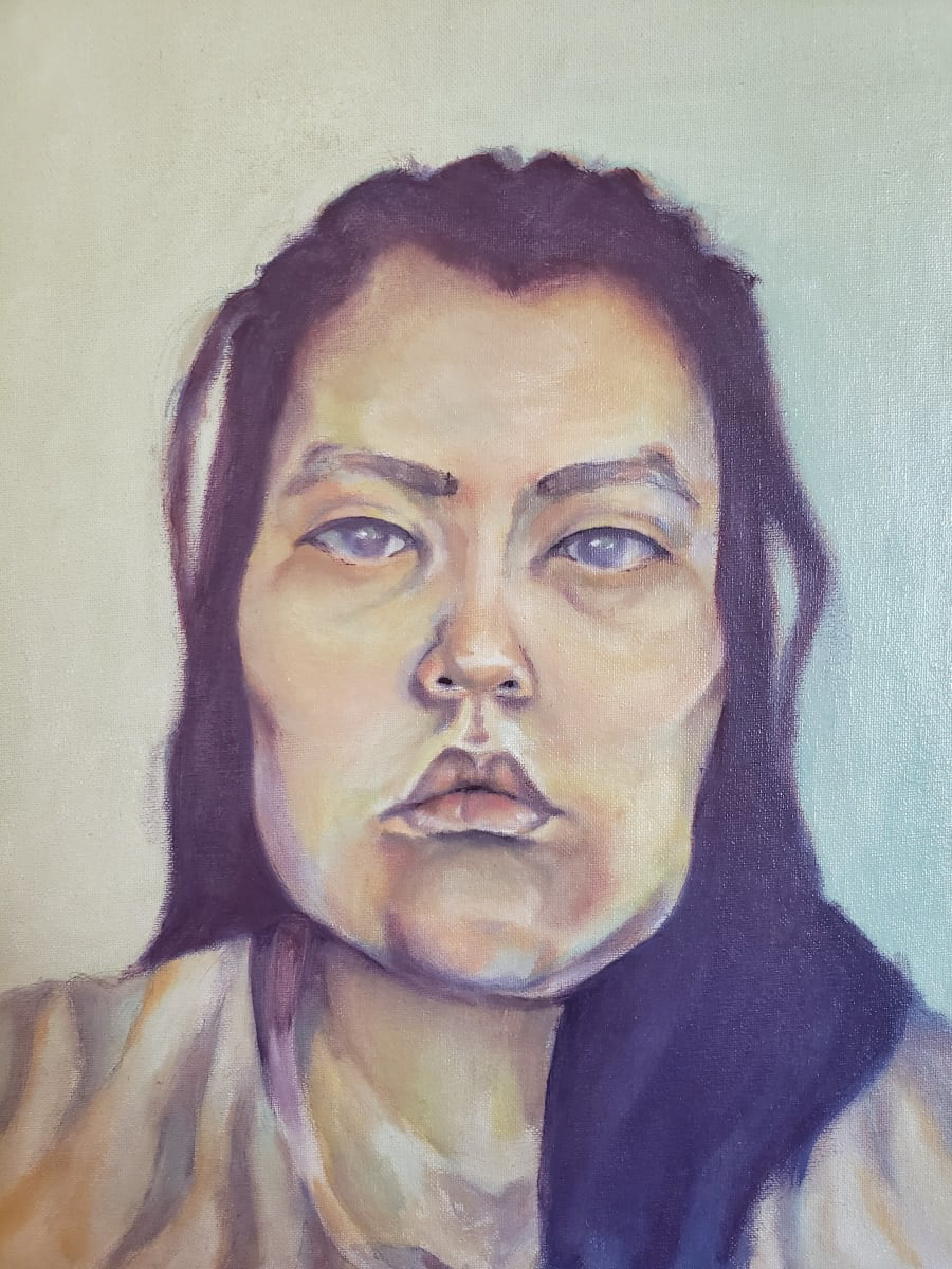 Painted portrait of a woman facing forward with long, dark hair, over a light, cool toned background.