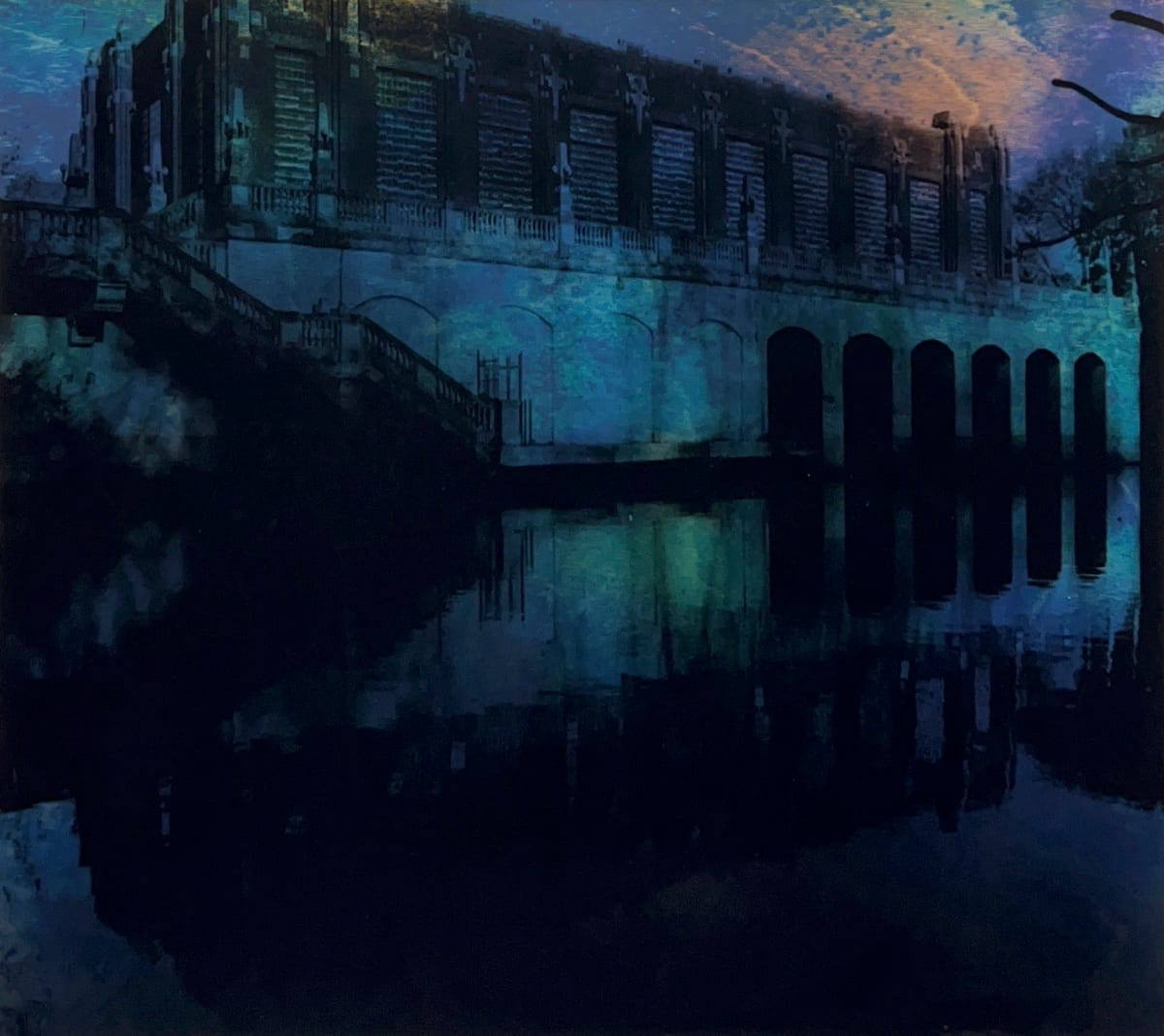 Industrial building and its reflection on water printed on transparency paper in blue, green, purple, and orange colors.