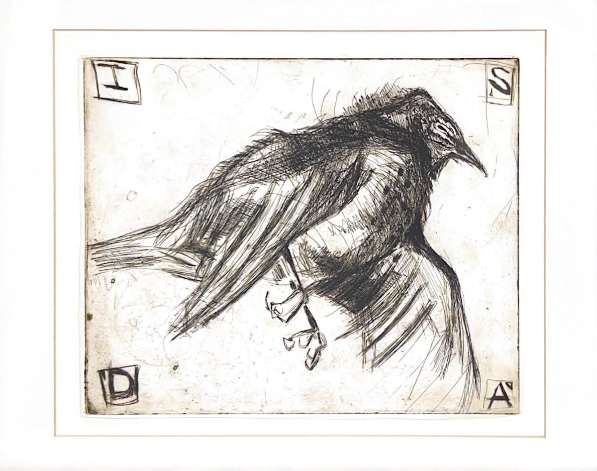 Bird in sketched style and black color over a cream background. There are four letters in boxes, each in a corner of the image. The letter "I" is in the top left corner, the letter "S" is in the top right corner, the letter "D" is in the bottom left corner, and the letter "A" is in the bottom right corner.
