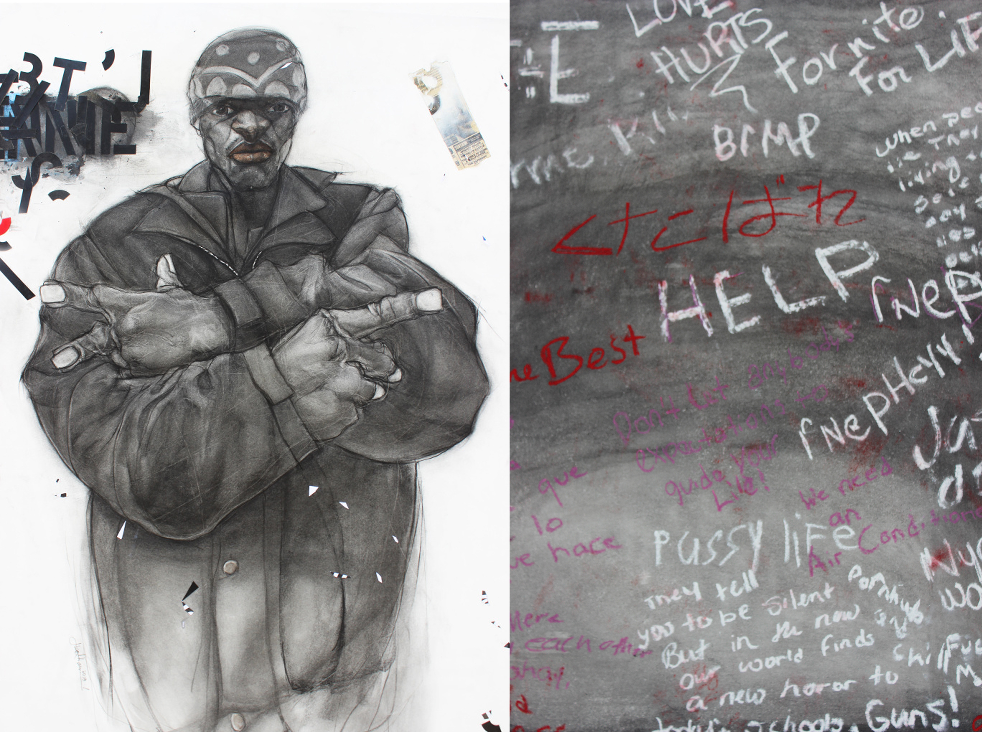A diptych drawing of a man on the left side wearing a large coat and bandana and text on the right side with various messages written by high school students in white, red, and pink.