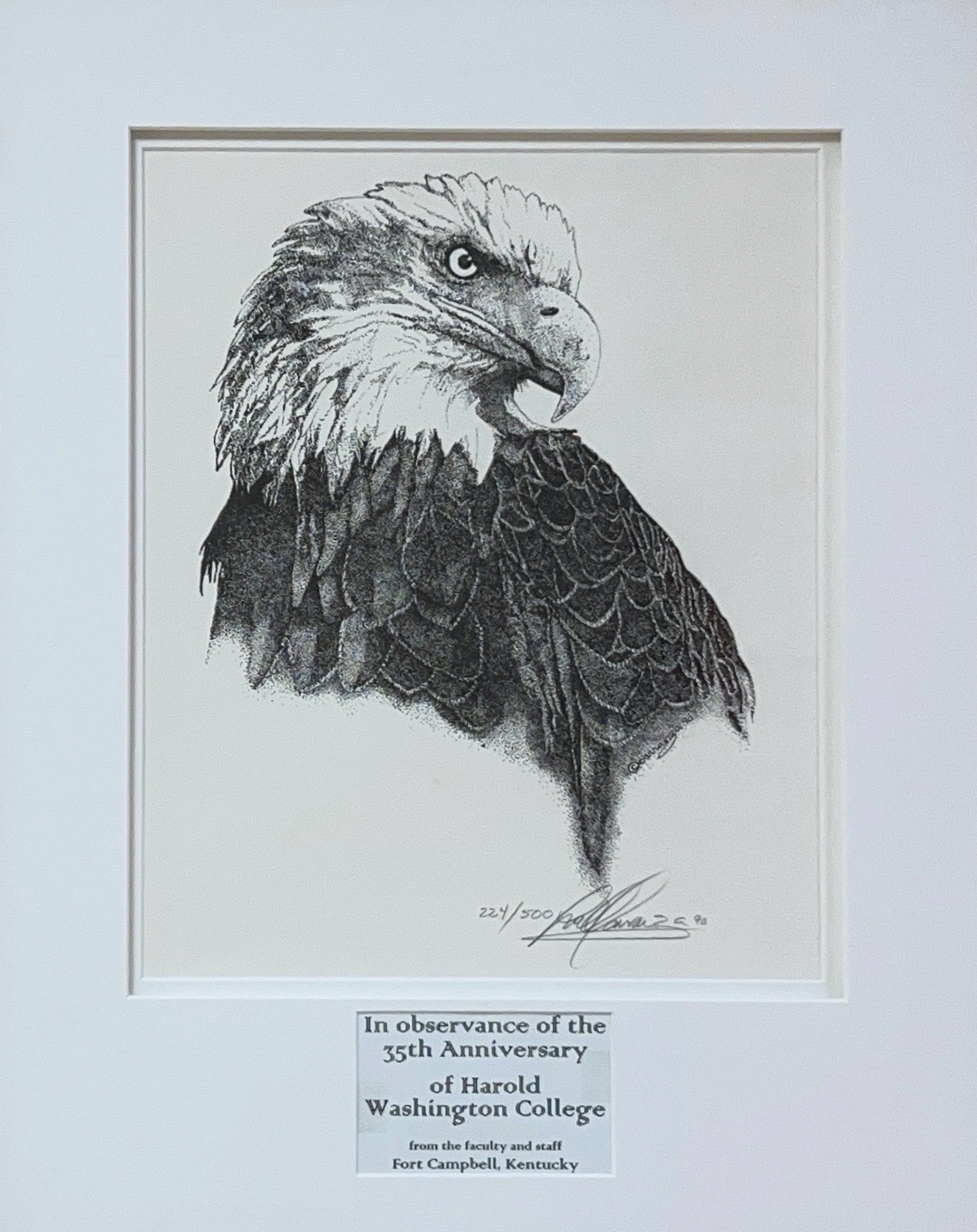 Printed illustration of an eagle with a label beneath that reads "In observance of the 35th Anniversary of Harold Washington College"