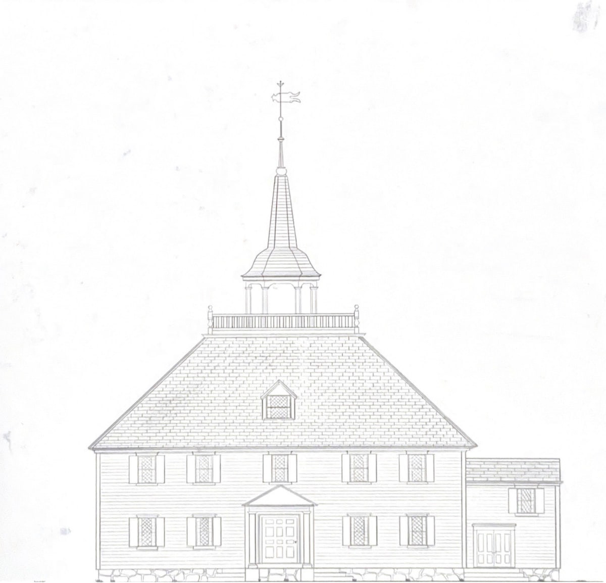 Architectural drawing of a building facade with a gabled roof topped with a balcony and spire