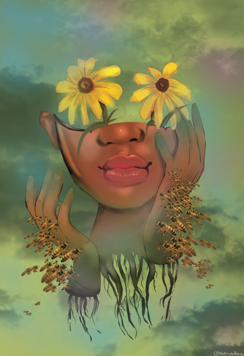 Bottom half of face and hands floating over green, cloudy background. Two yellow daisies are positioned where the eyes would be and bees swarm around the hands.