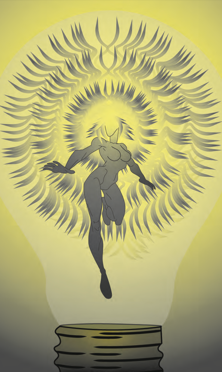 Large light-yellow lightbulb encapsulating a floating figure, gray in color, with curved gray lines extending outwards in rings.