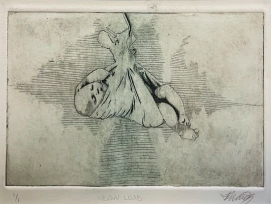 Black and white image of a baby wrapped in a blanket and suspended via a hook holding the blanket. Lined shadows surround the baby.
