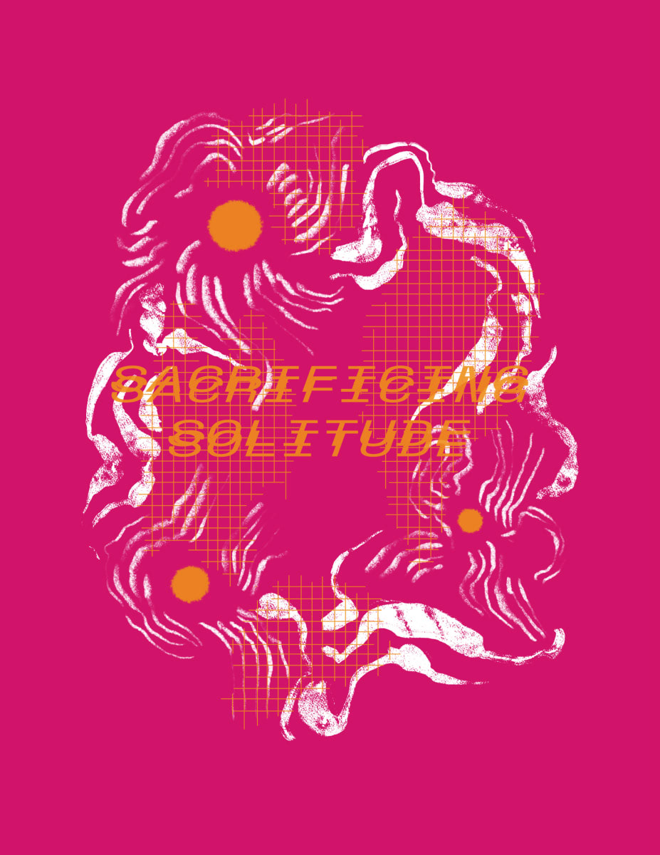 Pink print with a swirling white pattern and the words "sacrificing solitude" written in orange