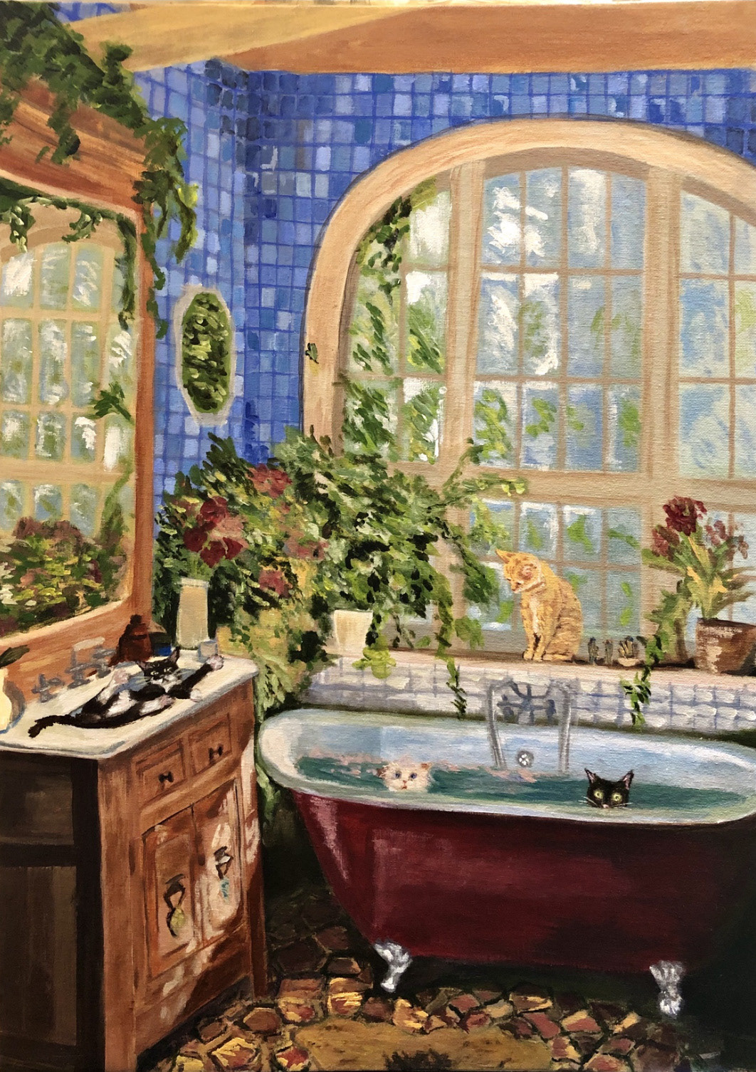 Multiple cats in a bath and on top of a sink in a bathroom with a large window, multiple plants, and blue tile walls.
