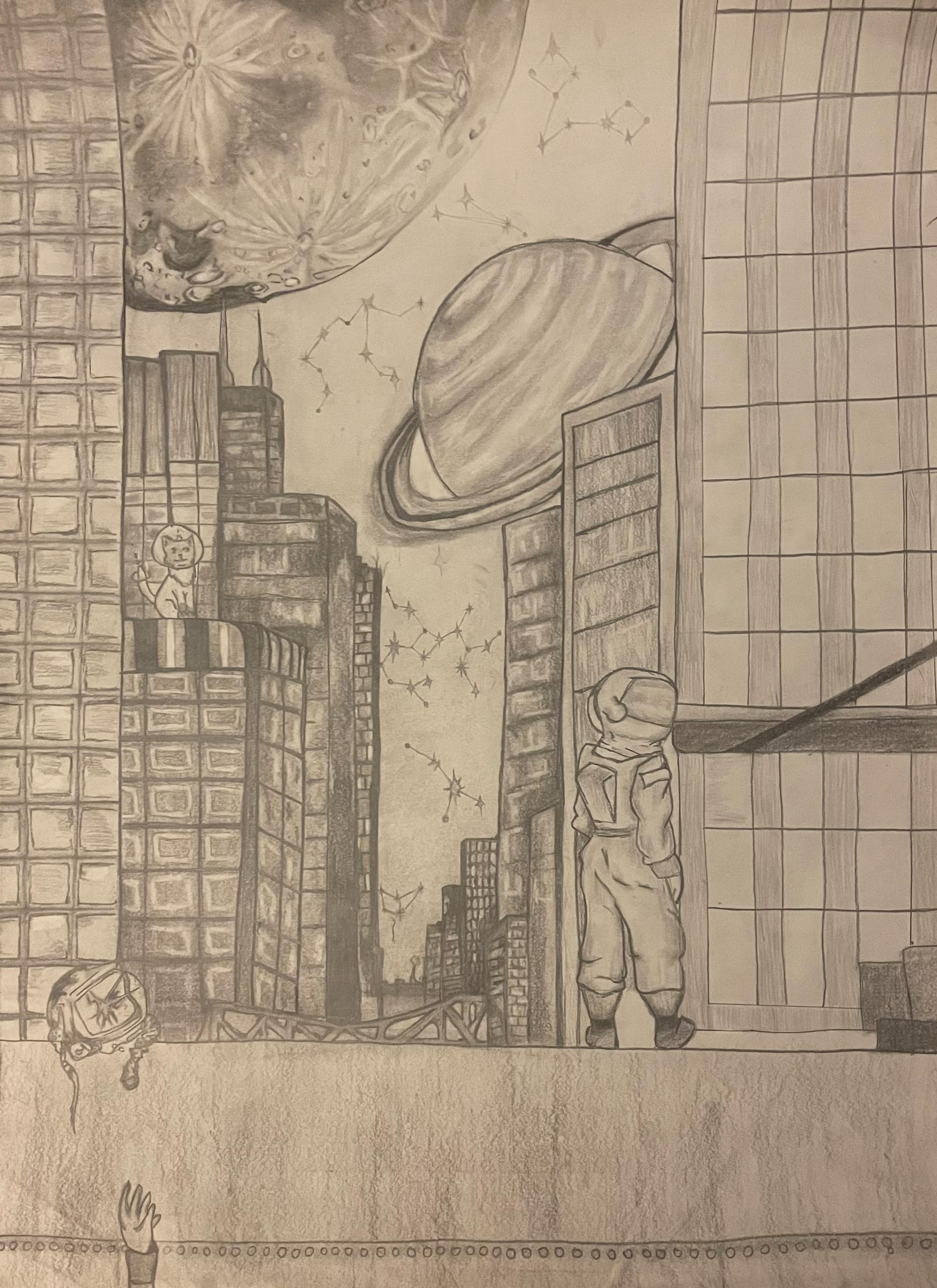 Black and white city scene with large planets and constellations in the sky and an astronaut looking upwards.