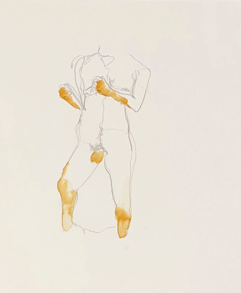 Partially drawn nude figure in pencil, missing its head and feet. The body is colored with gold on its hands, groin, and lower legs. The figure is centered on a white background.