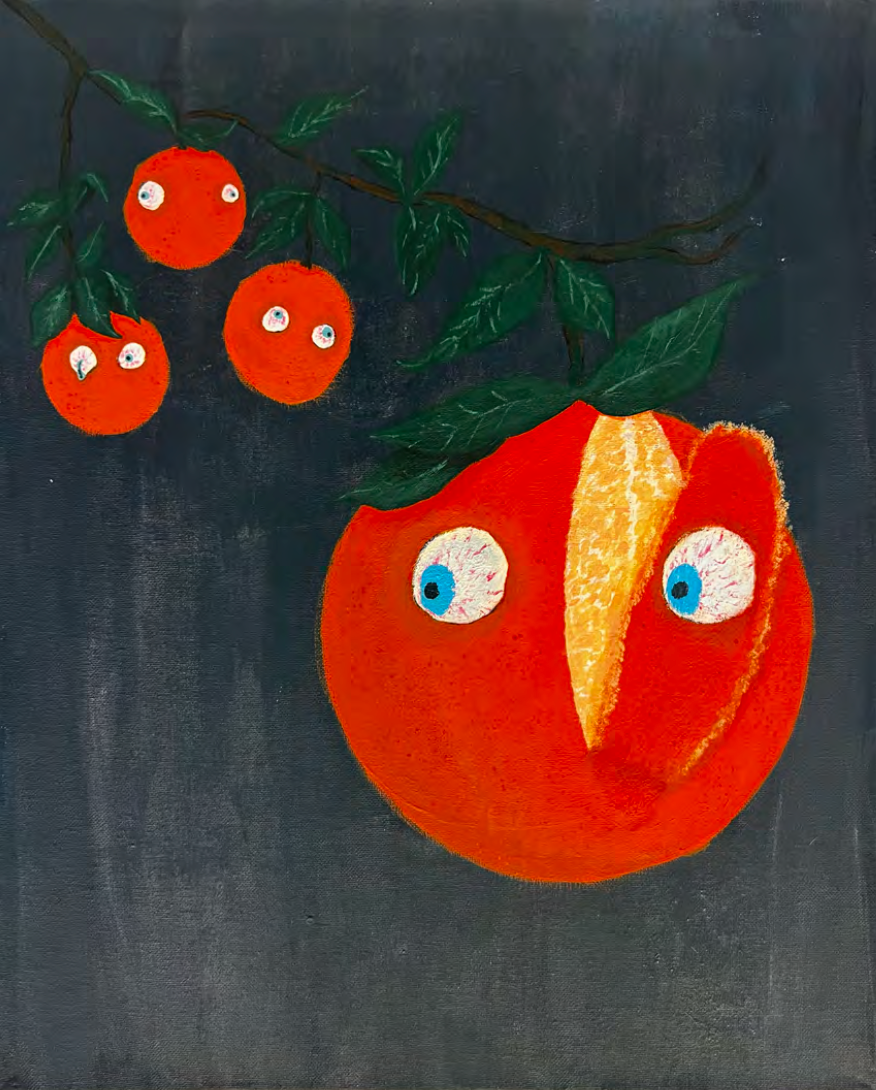One large orange and three smaller oranges hanging off a leafy branch. All the oranges have eyes and the large orange is slightly peeled.