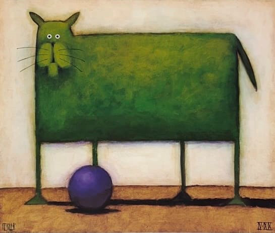 Cartoon green cat standing next to a purple ball. The ground is brown and the background is beige.