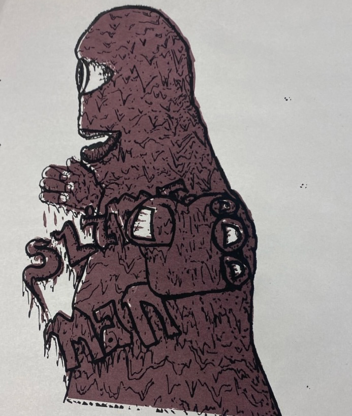 Purple dripping monster with the words "slime man" overtop.
