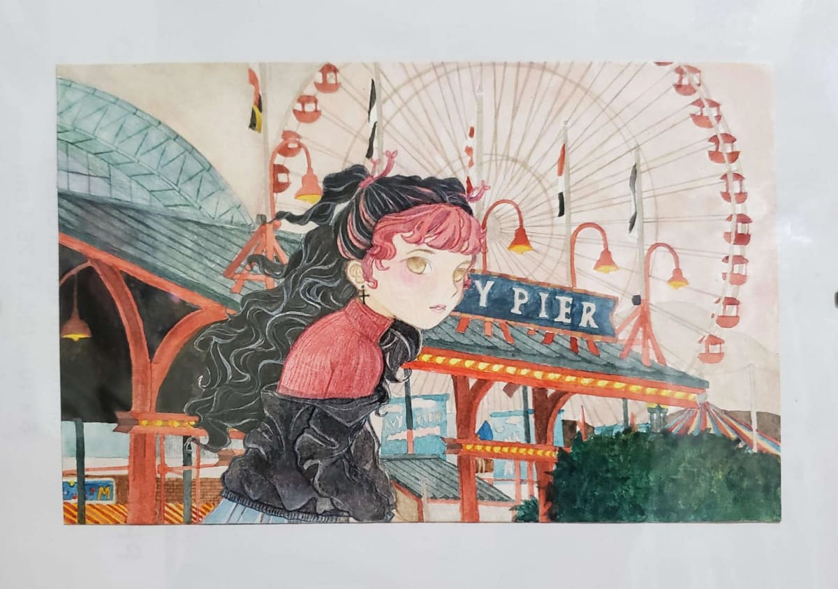 Colorful painting of a cartoon-style girl with pink and black hair standing in front of Navy Pier.