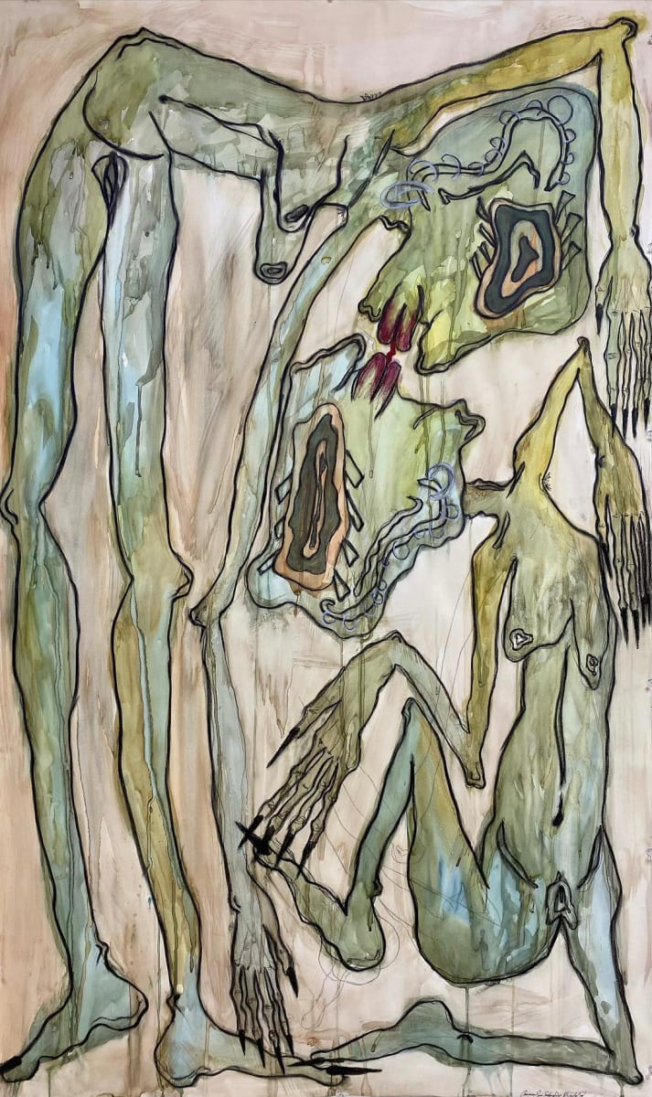 Abstract drawing of two nude green figures kissing over a beige background.