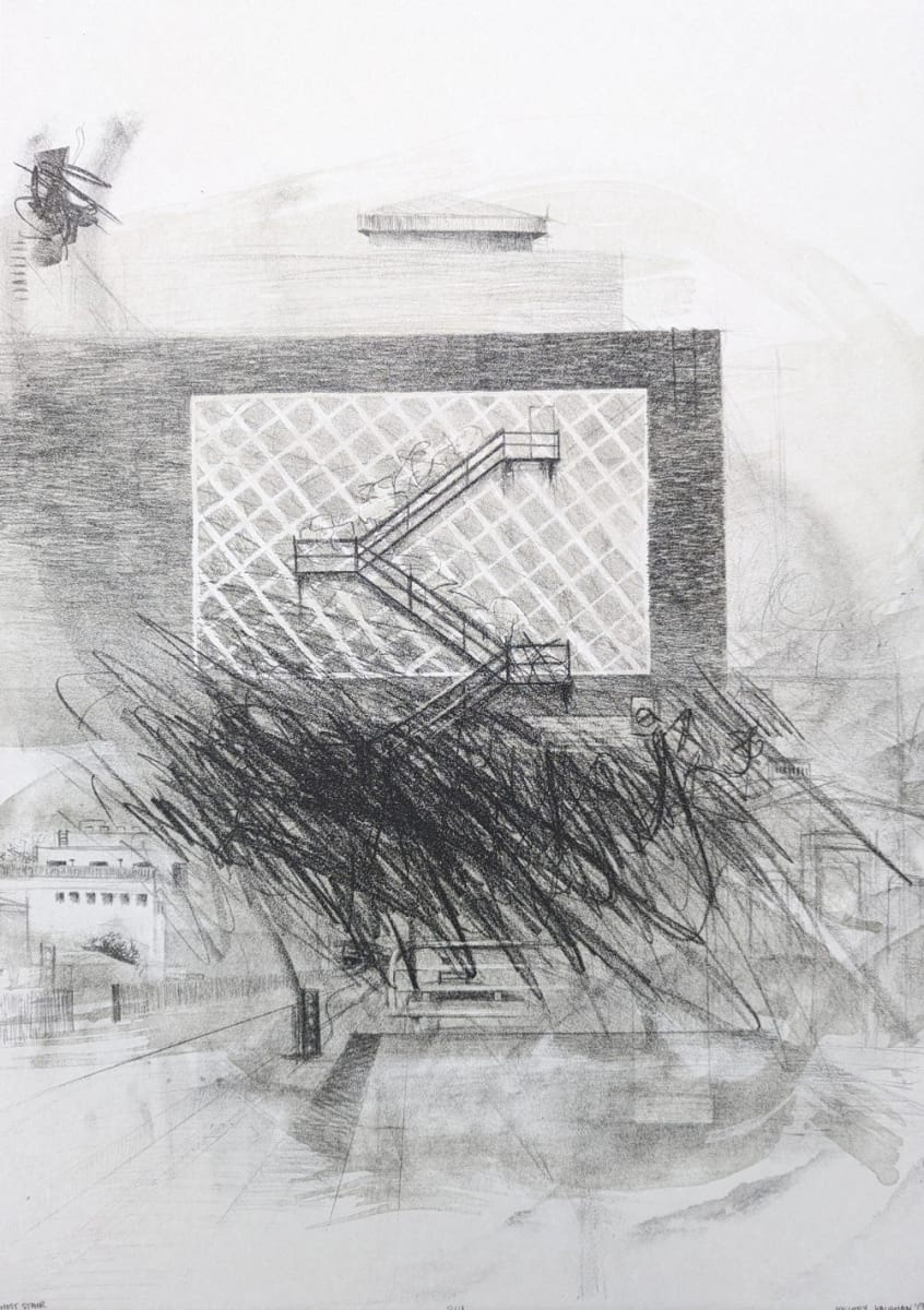 Black and white scene of industrial buildings with a prominent staircase in the center of the image and a large dark scribble below.