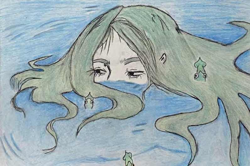 woman with green hair peeking head halfway above the water with small green squids positioned in the water and in the woman's hair.