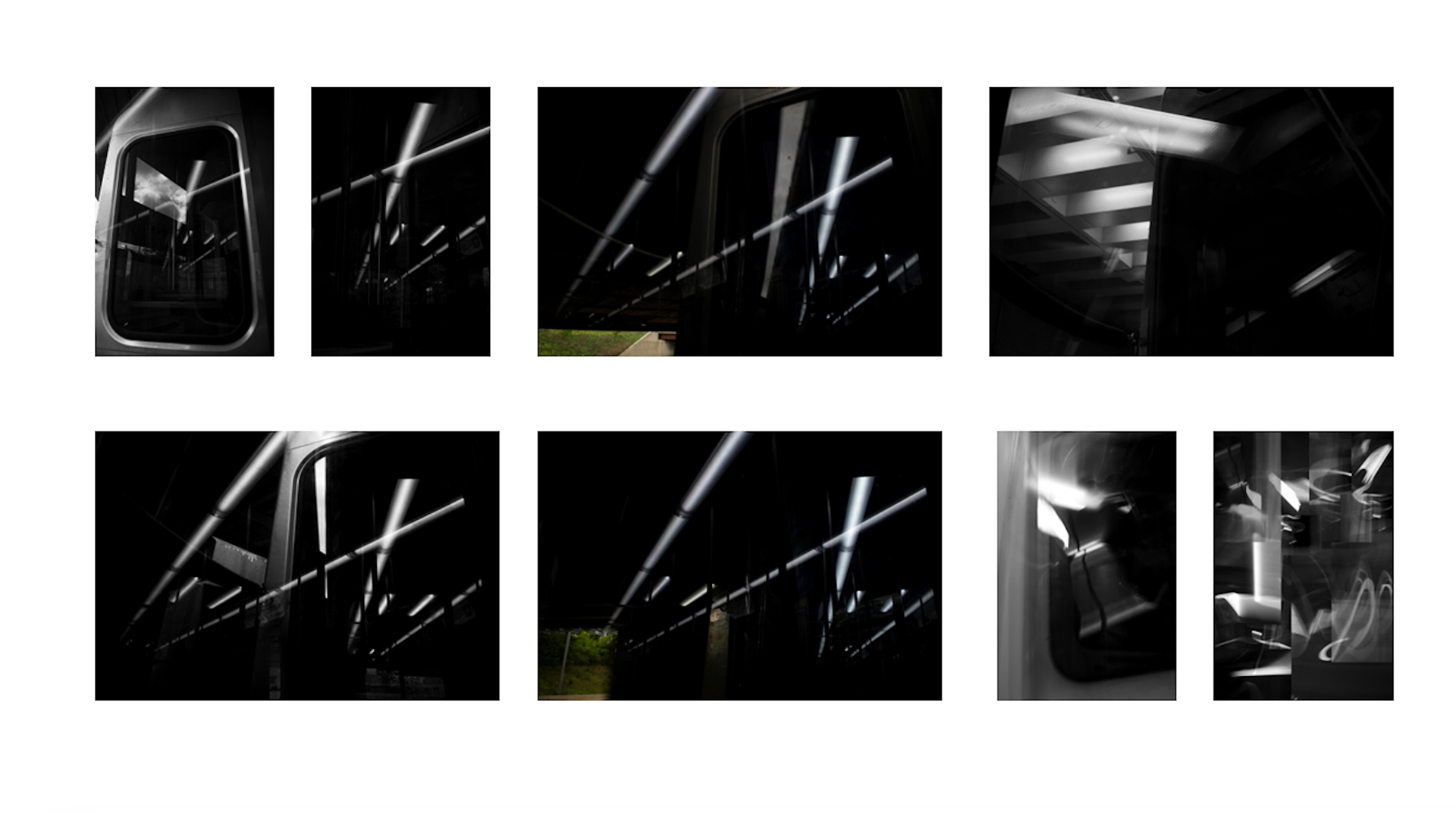 Eight black and white abstract photographs.