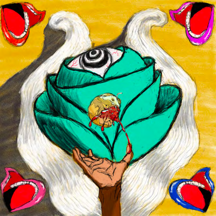 Abstract digital illustration with reaching hand and teal flower with eyeball centered on work. Four open mouths with multicolored lipstick are positioned in each corner.