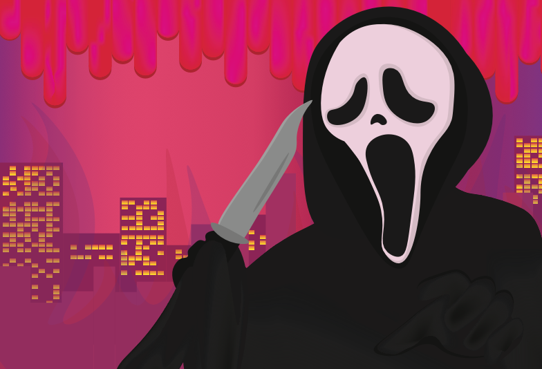 Ghostface figure from Scream holding up a knife and positioned in front of a pink, gold, and purple cityscape with pink and red blood dripping from the top of the image.