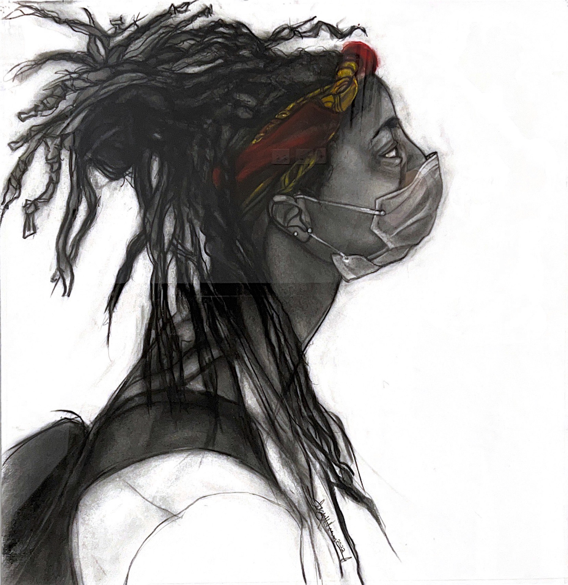 A drawing of a woman from the side with a backpack and wearing a mask and bandana. The drawing is black and white except for the bandana which is red and yellow.