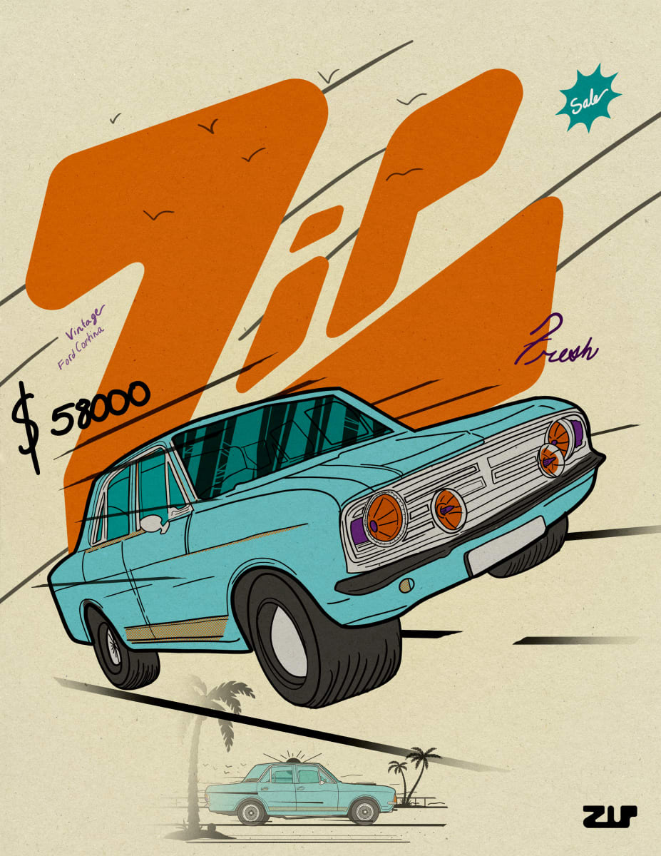 Digital illustration of a blue car with the word "Zip" written in large orange letters behind it.