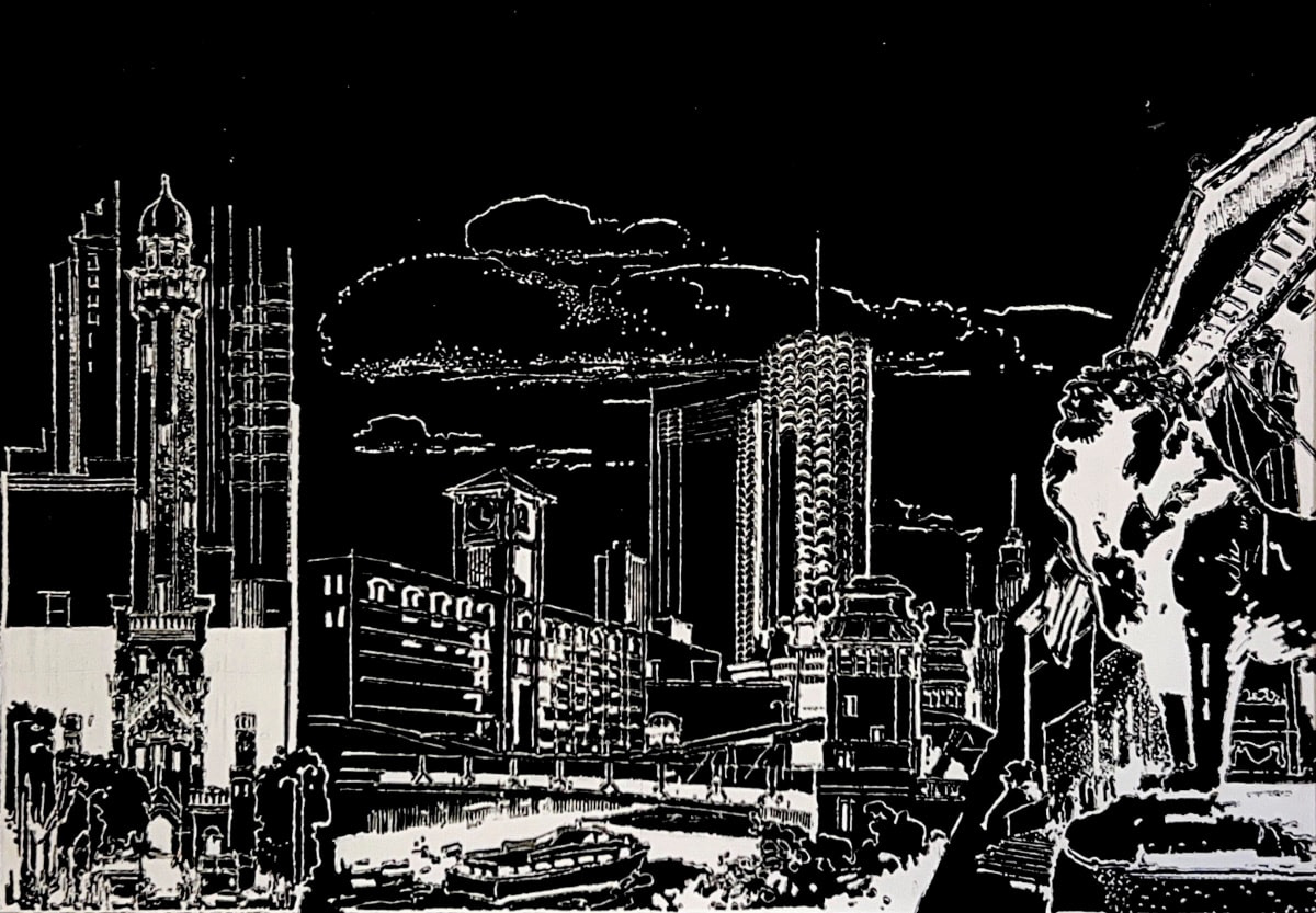 Black and white print showing multiple Chicago landmarks including the water tower, merchandise mart, Marina city, and the Art Institute of Chicago
