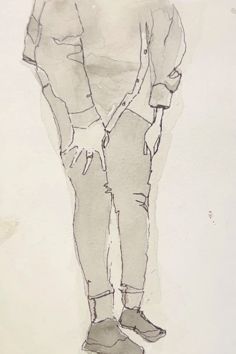 A torso and legs drawn in gray tones over a white background. The person's hands are resting on their knees and they're wearing a long-sleeve shirt, long pants, and dark shoes.