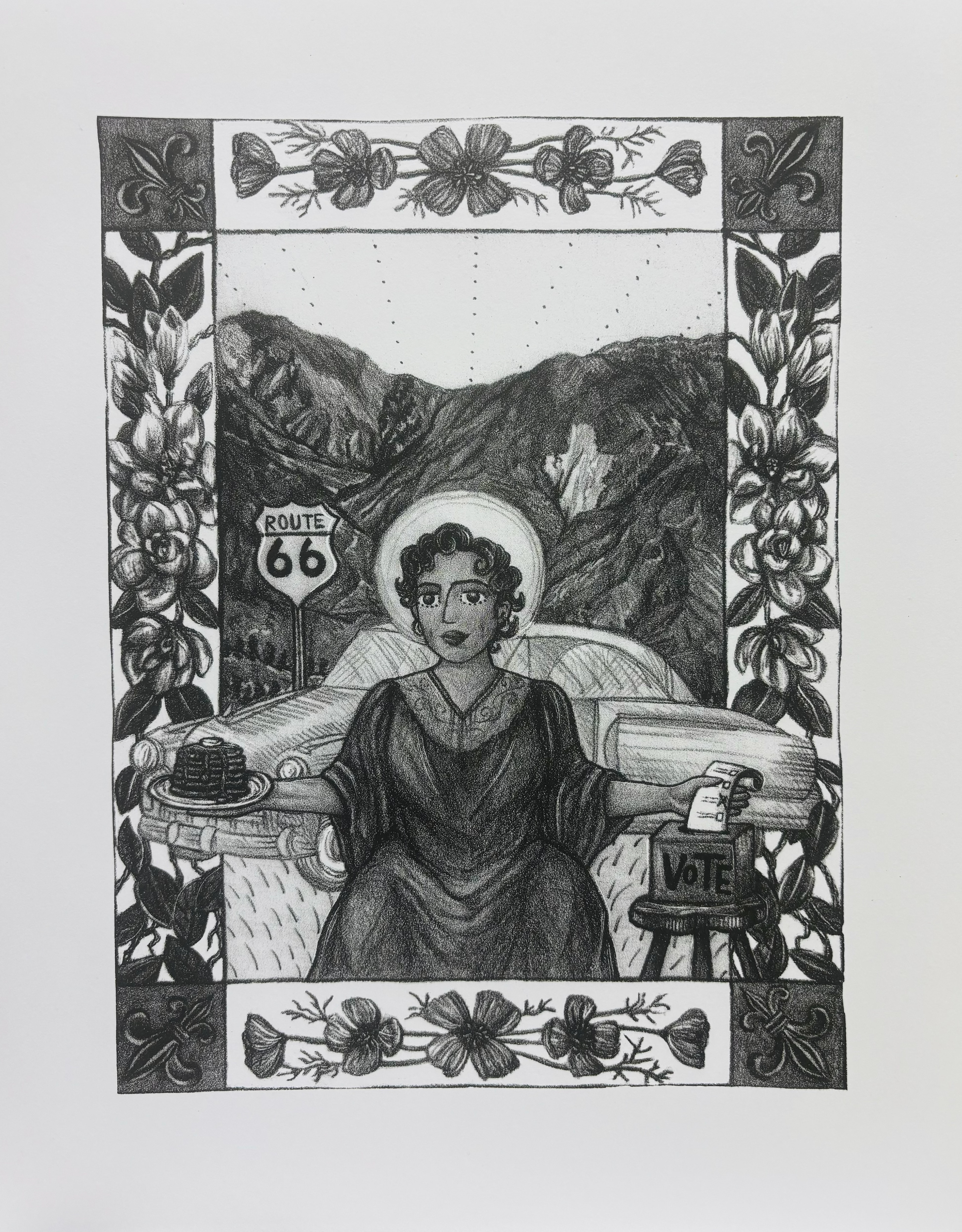 Black and white print of a seated woman in front of a car and Route 66 road sign, holding a plate stacked with pancakes and placing a ballot into a voting box. The image is surrounded by a flowered frame.