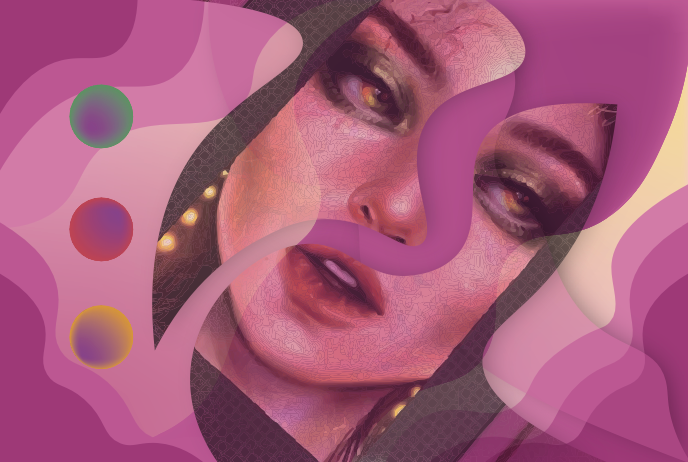 Slanted female face surrounded and covered by purple swirls and orbs in green, pink, and yellow colors.