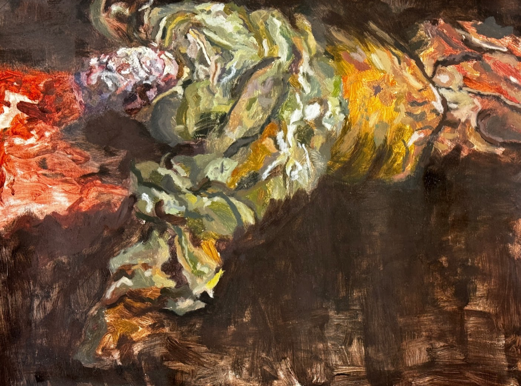 Abstracted lifeless figure laying on the ground with arms splayed and blood pooling around the head. The figure's clothes are green and yellow and the background is brown