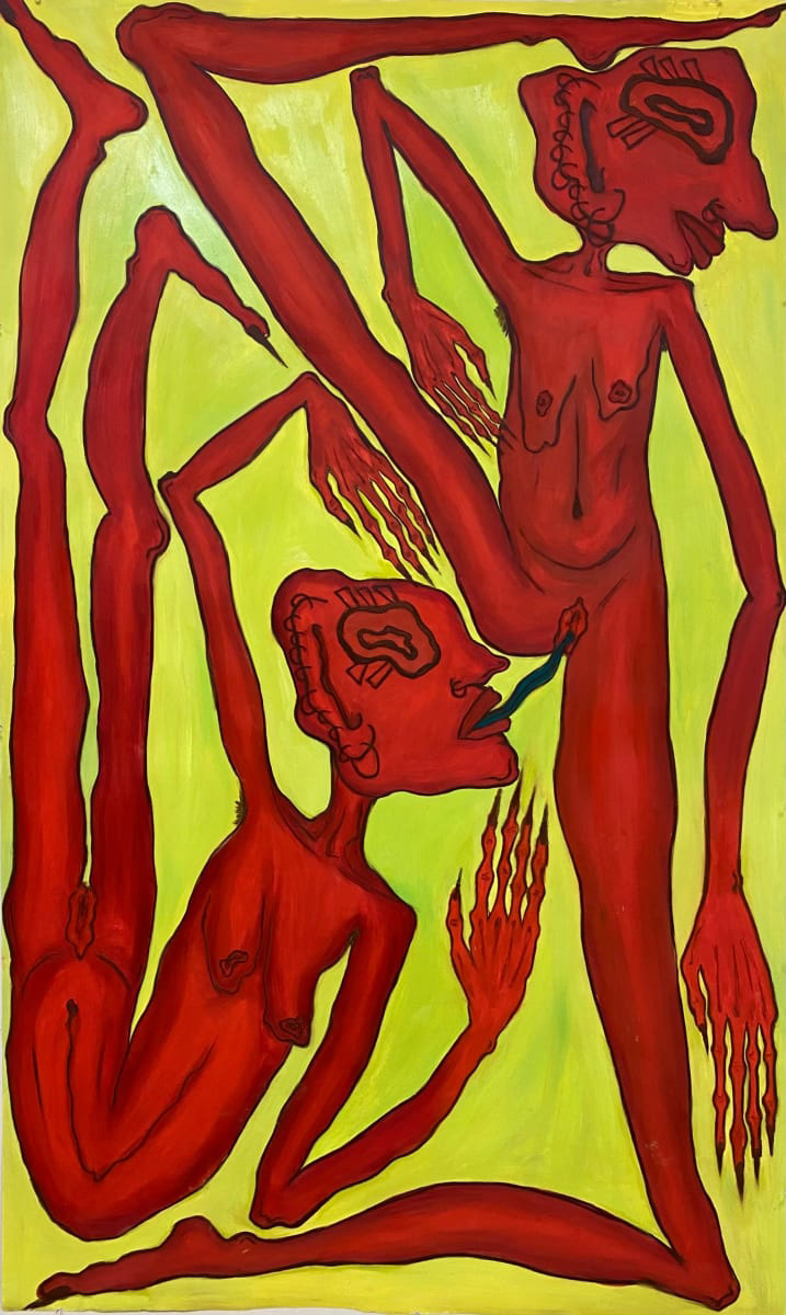 Abstract photo of two nude red figures engaging in cunnilingus over a bright yellow background