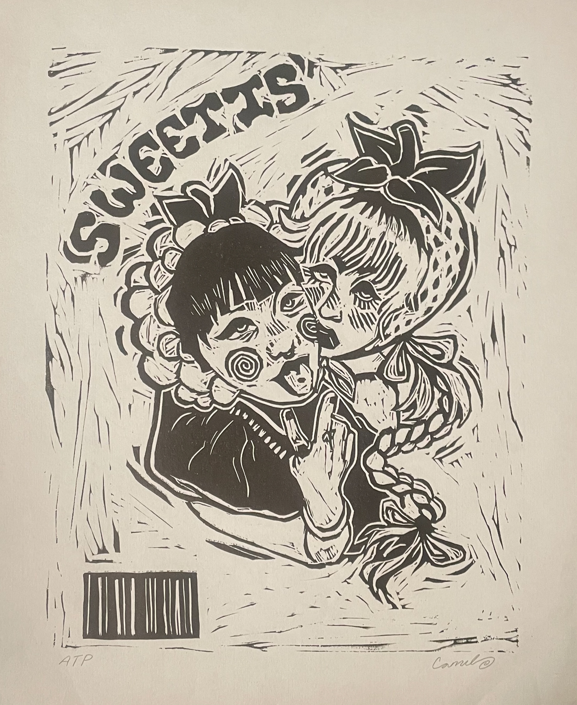 Black and white print with two faces, one with their tongue out and making a peace sign with their hand. There is a barcode in the bottom lefthand corner and the word "sweetie" is in the upper lefthand corner.