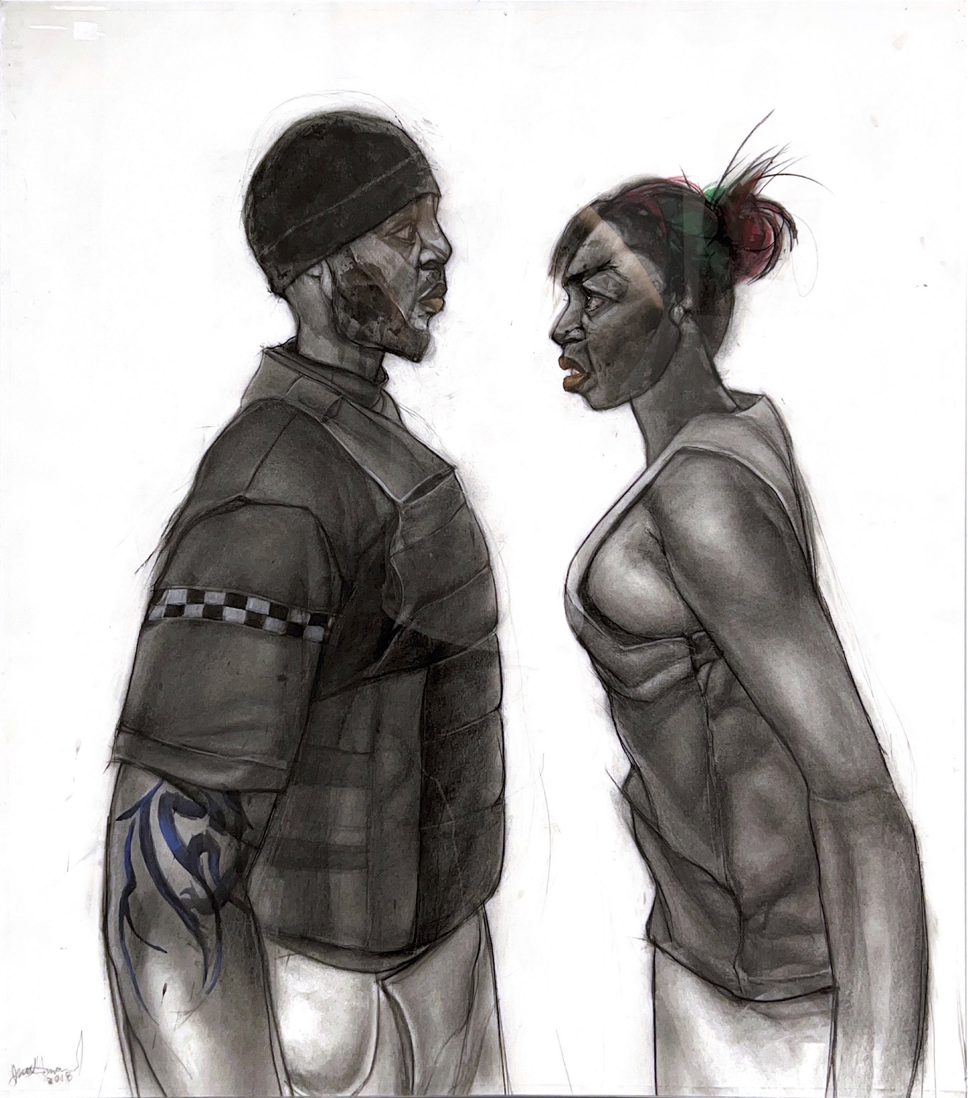 A drawing of a man and woman facing each other. The man is wearing a police uniform and the woman has an angry expression on her face.