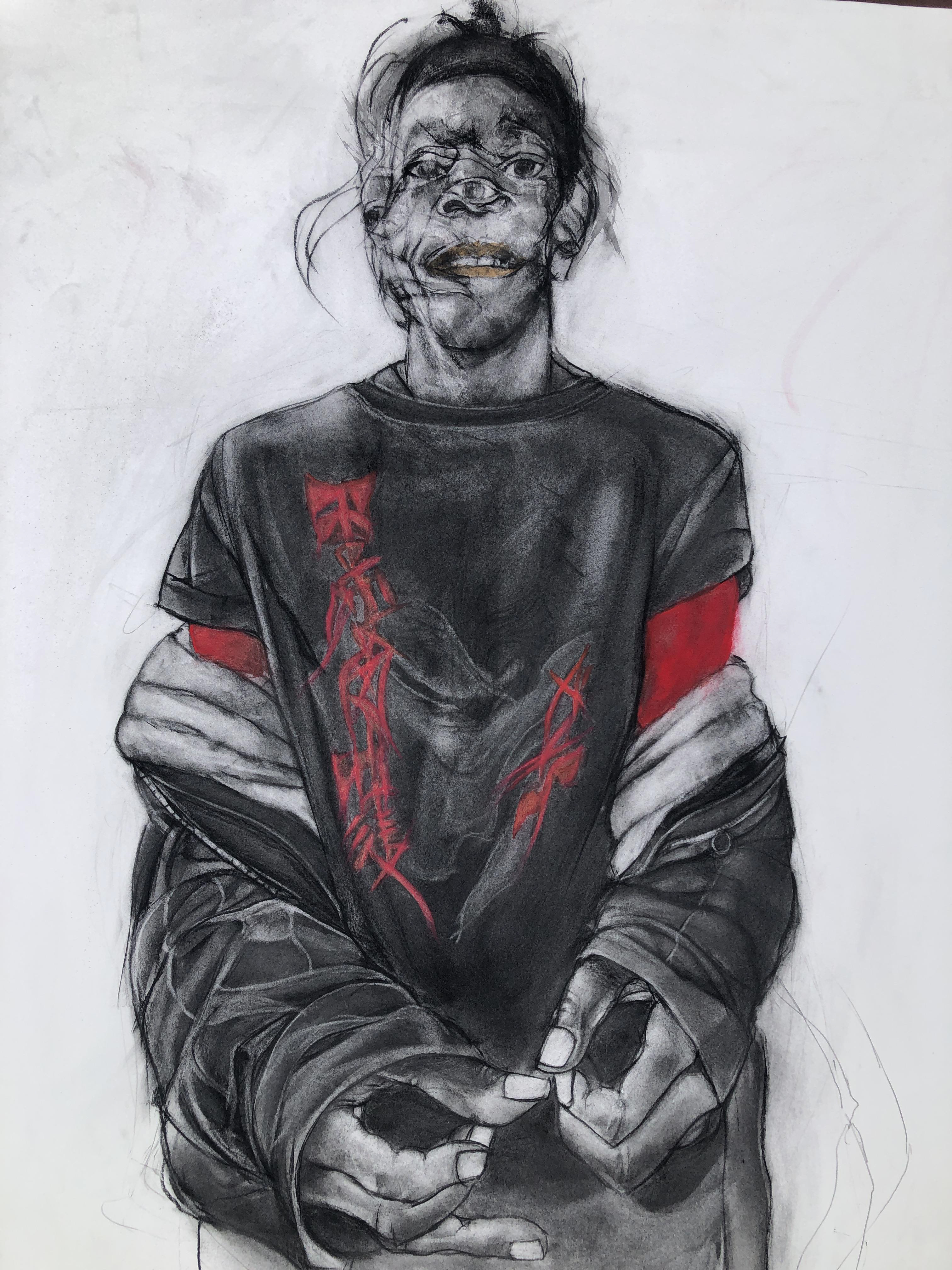 An exaggerate drawing of a man wearing black and red clothing.