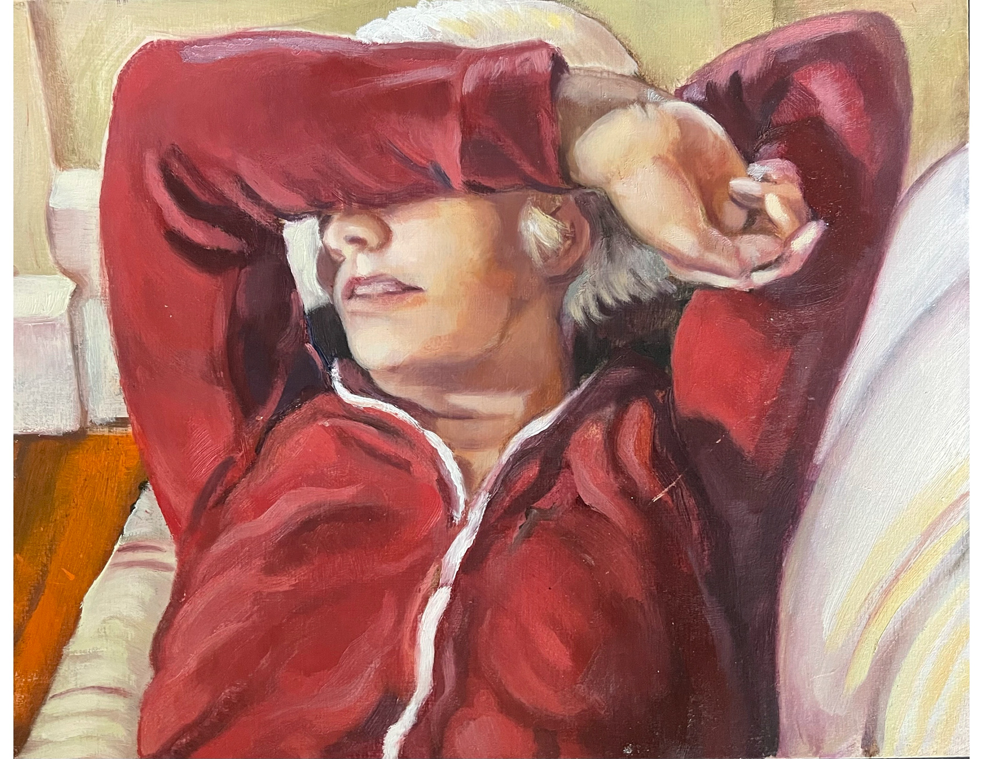 Oil painting of a girl lounging on a couch and covering her face with her arm. She has blonde hair and a red jacket.