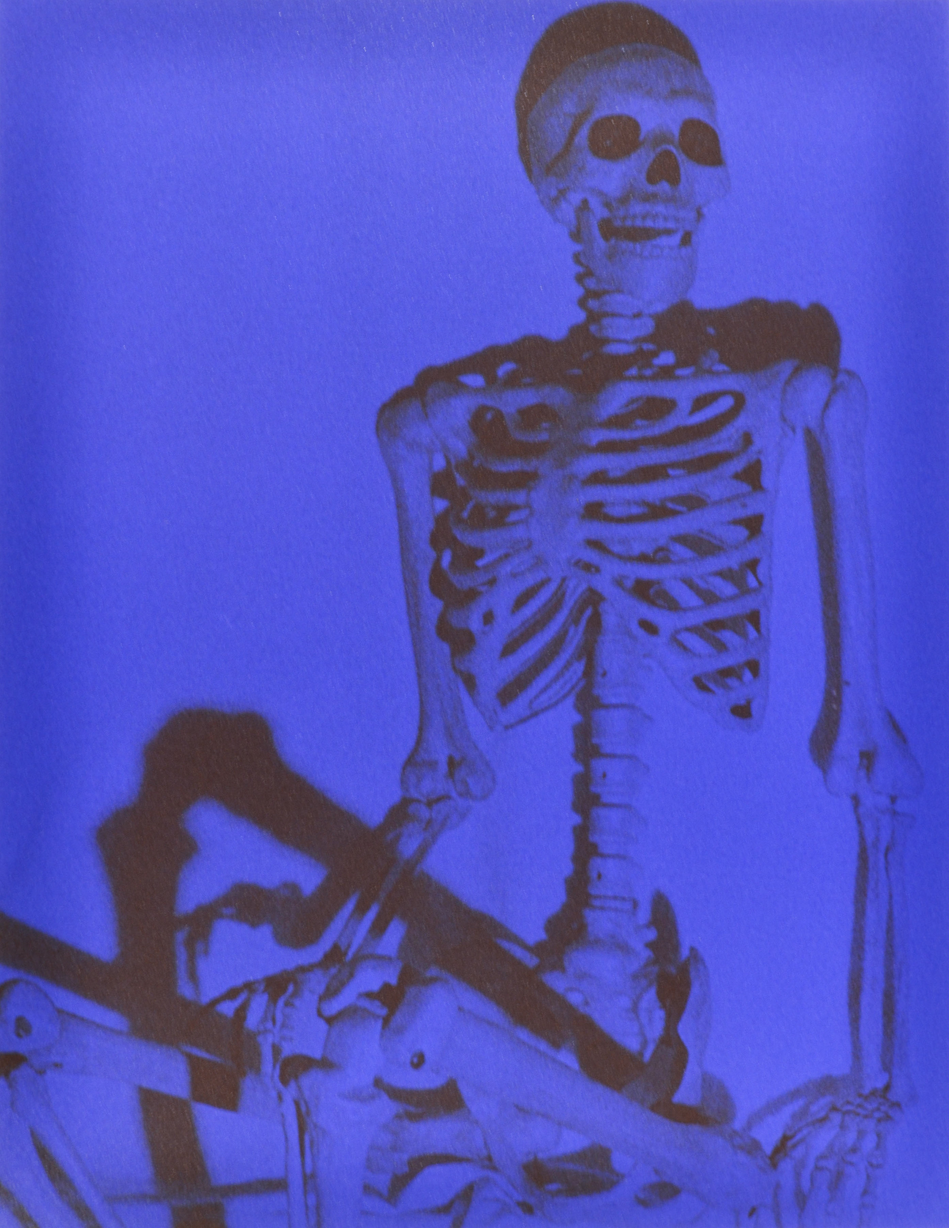A skeleton cast in dark blue light with black shadows.