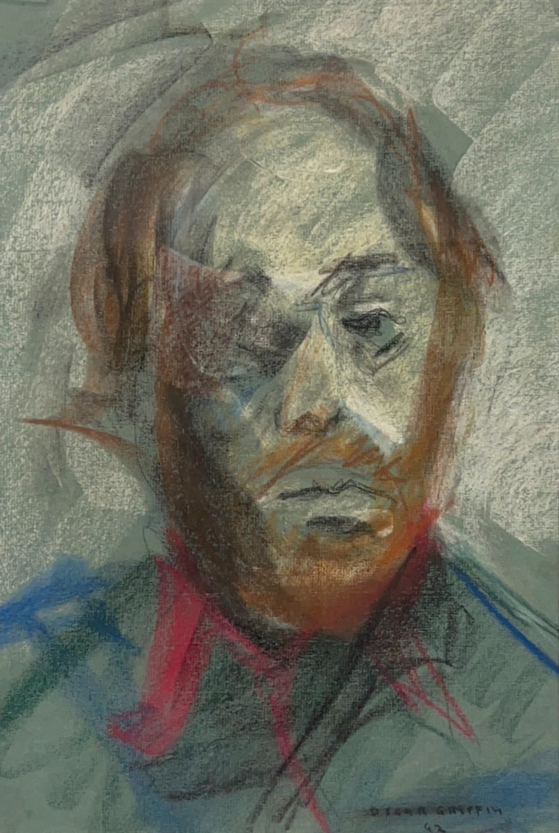 Abstracted portrait of a man with red hair, mustache, and beard. The man is wearing a green and blue shirt with a red collar and the background of the image is gray..