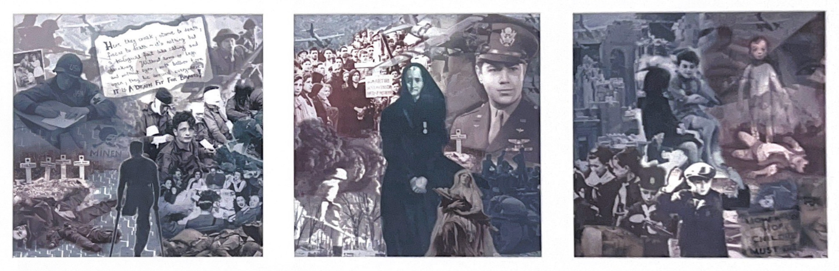 Digital triptych with scenes of early twentieth century war and loss in black, white, blue, and red colors.