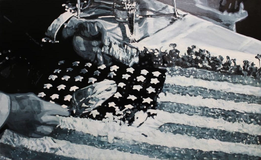 Blue-toned painting of a man cutting into a cake that is decorated to look like an American flag.