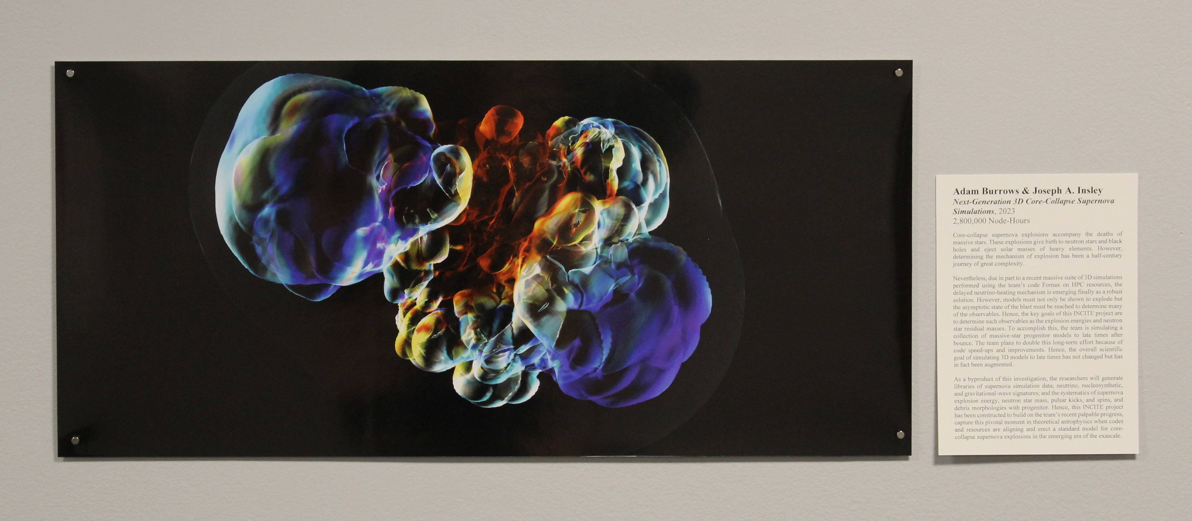 Data visualization of a 3D Core-Collapse Supernova. Rainbow-colored bubbled form centrally located on a black background.