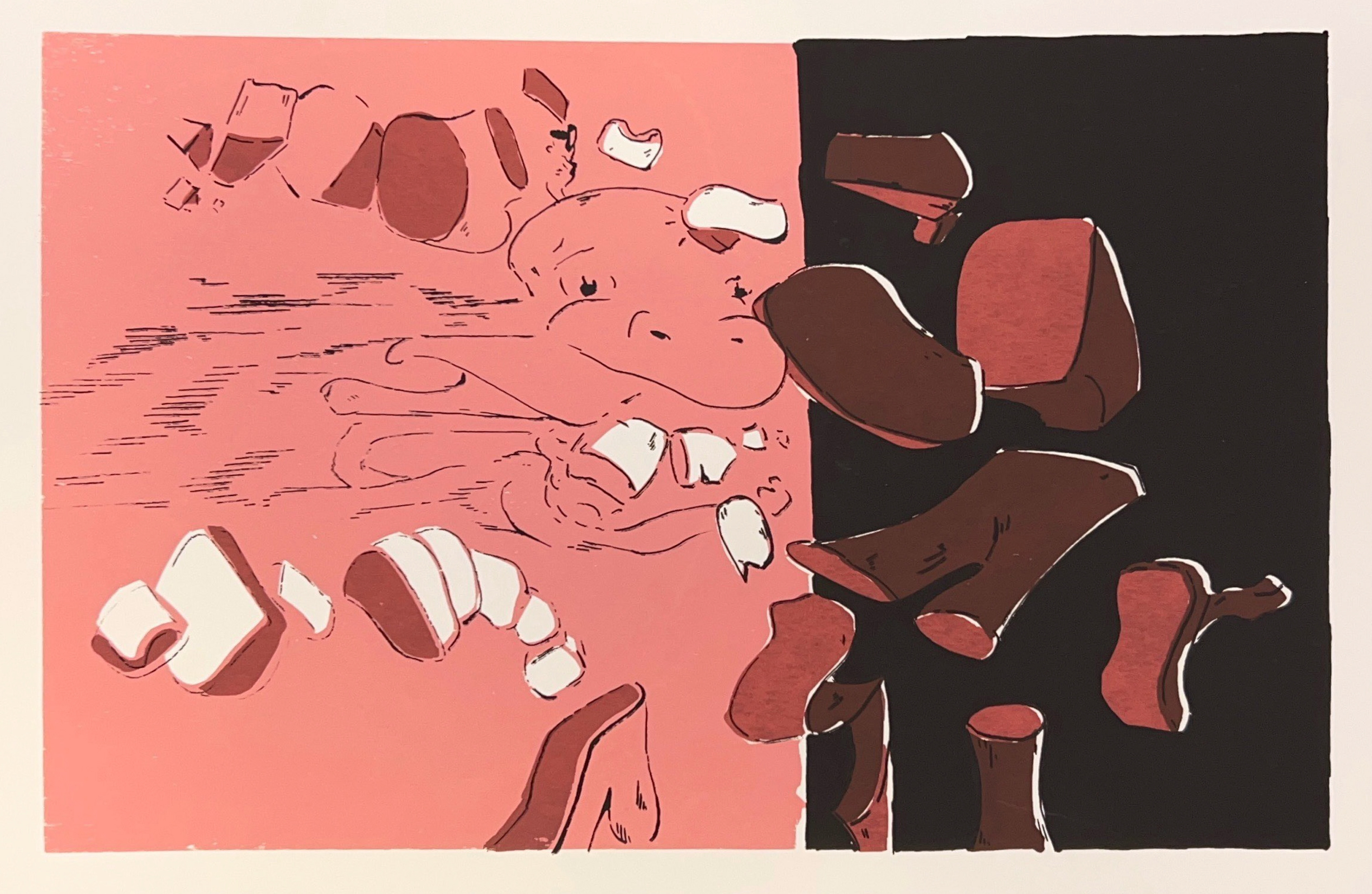 Abstracted image with various blobs in black, red, brown, pink, and white.