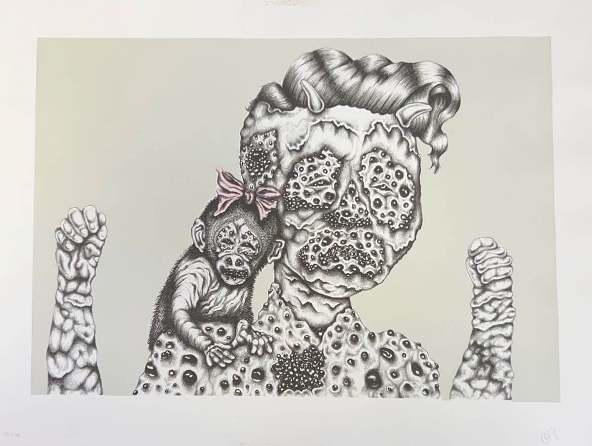 Abstracted image of a person with raised arms and a monkey on their shoulder. The person has horns and its features and skin are made from organic shaped dots. The image is black and white except for a pink bow, which the monkey is wearing on its head.