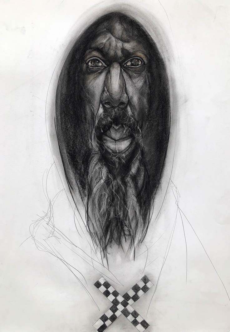 An exaggerated drawing of a bearded man's torso and face. The man is wearing a hood and there is a checkered x drawn on his torso.