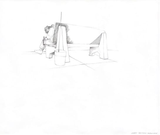 Simple black and white drawing of a man slouched on a bench with a bucket.