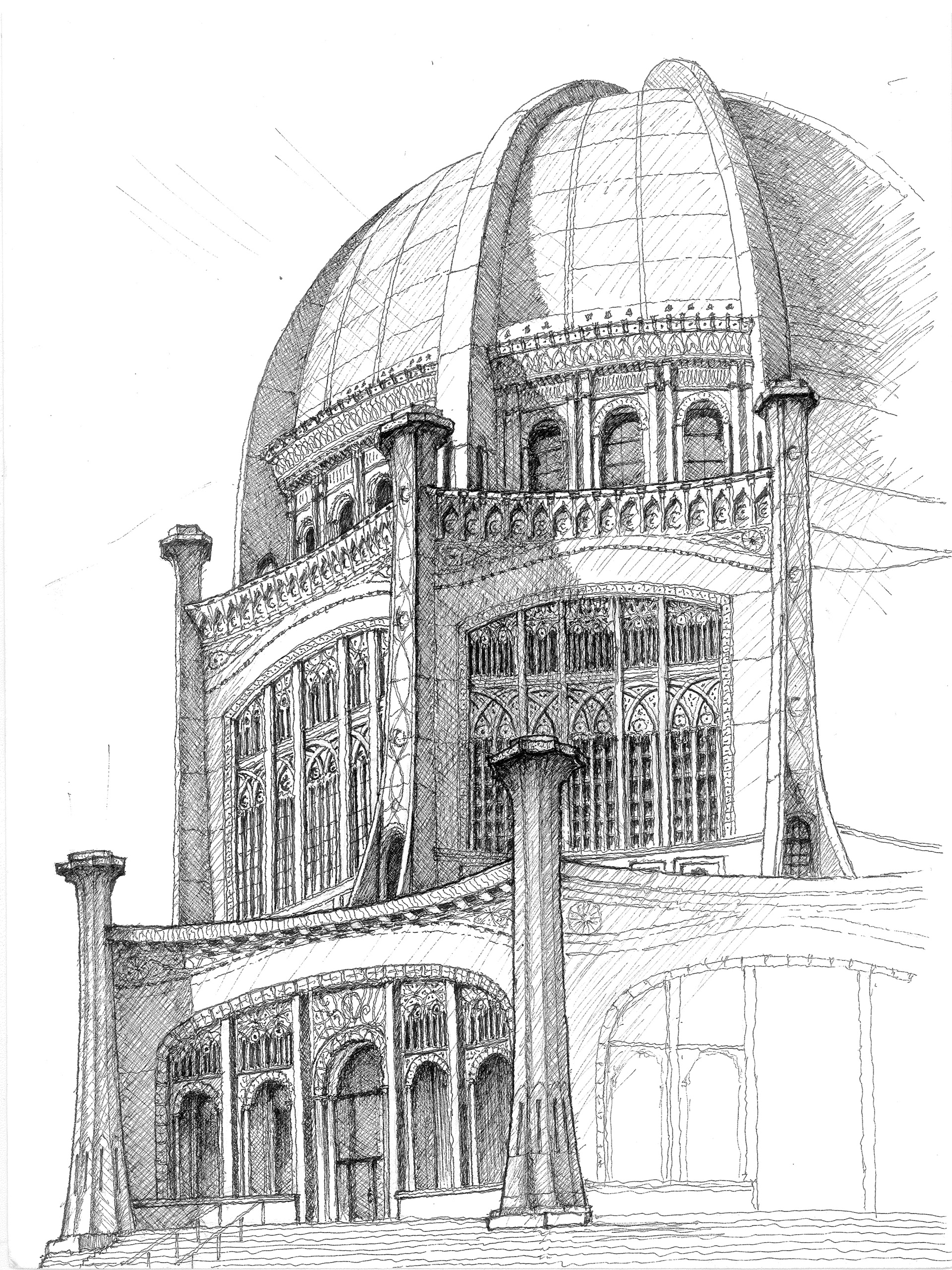 Architectural sketch of a domed building with arch windows and spires.